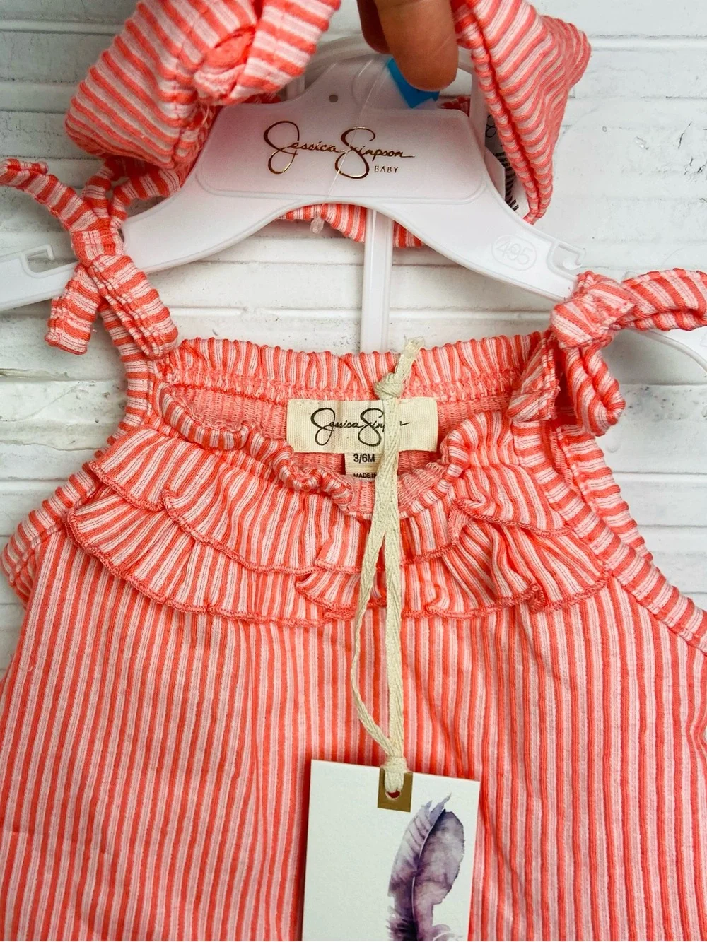 Jessica Simpson Coral & White Striped Ruffle Tie-Shoulder One-Piece W/ headband